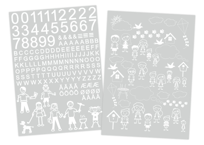 Postkassestickers med tal, bogstaver og figurer hvid